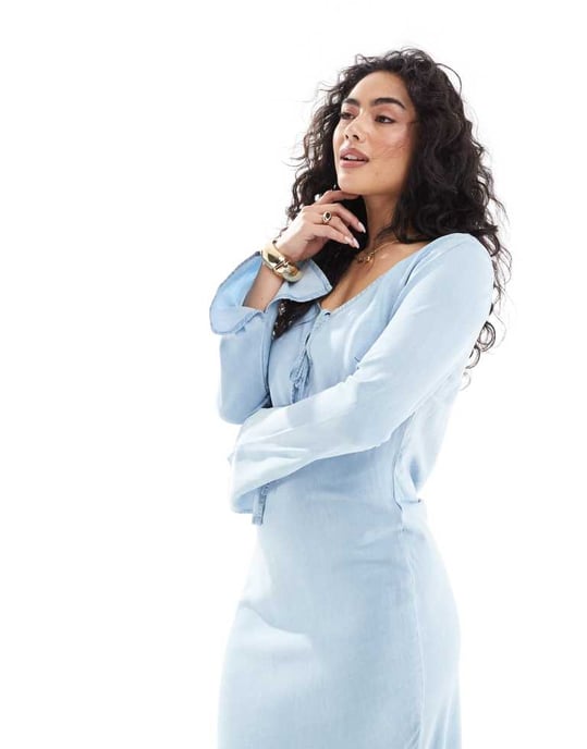 ASOS DESIGN mjuk denimmaxiklänning med knytning fram i ljusblå - Image 2