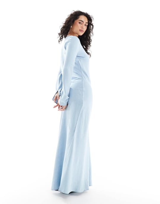 ASOS DESIGN mjuk denimmaxiklänning med knytning fram i ljusblå - Image 3