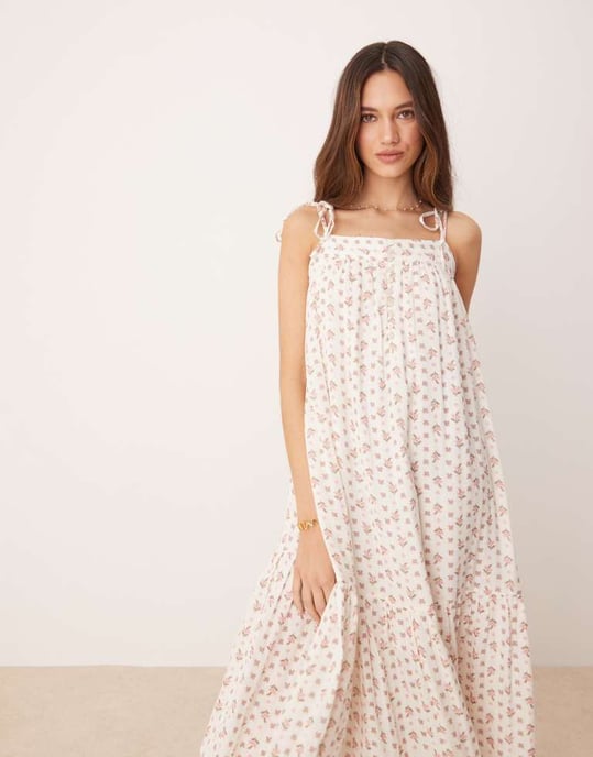 YAS bandafjollad boho smock maxiklänning i mönster med små rosa blommor - Image 3