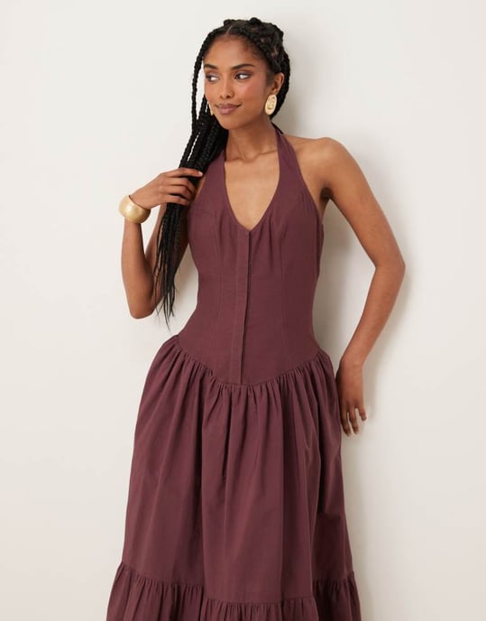 ASOS DESIGN poplin-linne hybrid halterneck maxiklänning i djup lila - Image 2