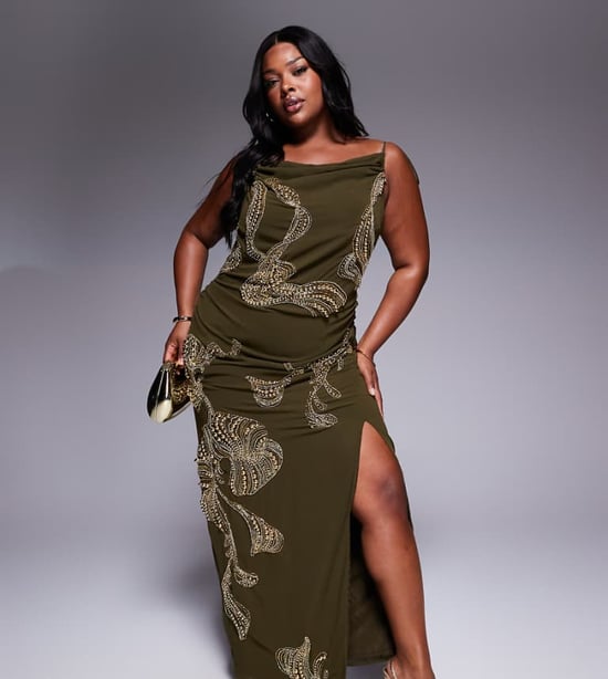 ASOS DESIGN Curve draperad kjol overlay maxiklänning med sänkt midja och dekoration i khaki - Image 1