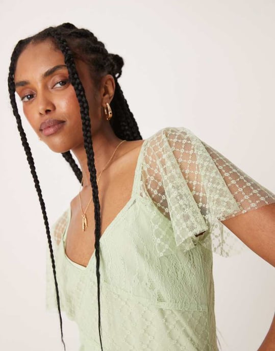 ASOS DESIGN maxiklänning med volangärmar och spetsdetaljer i mintgrön - Image 2