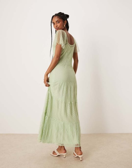 ASOS DESIGN maxiklänning med volangärmar och spetsdetaljer i mintgrön - Image 3