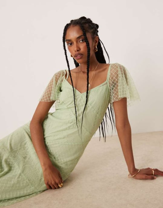 ASOS DESIGN maxiklänning med volangärmar och spetsdetaljer i mintgrön - Image 4