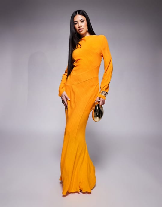 ASOS DESIGN linne höghalssömnadsdetaljer maxi klänning i orange - Image 1