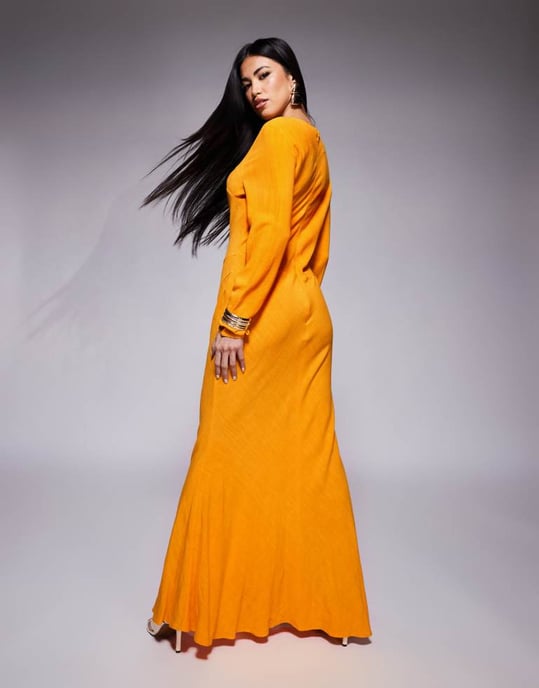 ASOS DESIGN linne höghalssömnadsdetaljer maxi klänning i orange - Image 3