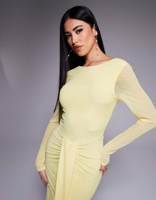 ASOS DESIGN nät långärmad klänning med urtagning och öppen rygg i pastellgul med band - Image 3