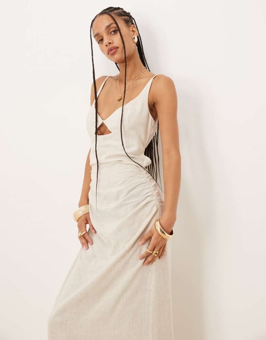 ASOS DESIGN linne maxi solklänning med braletteutskärning i havre - Image 2