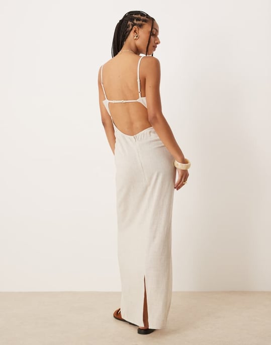 ASOS DESIGN linne maxi solklänning med braletteutskärning i havre - Image 4