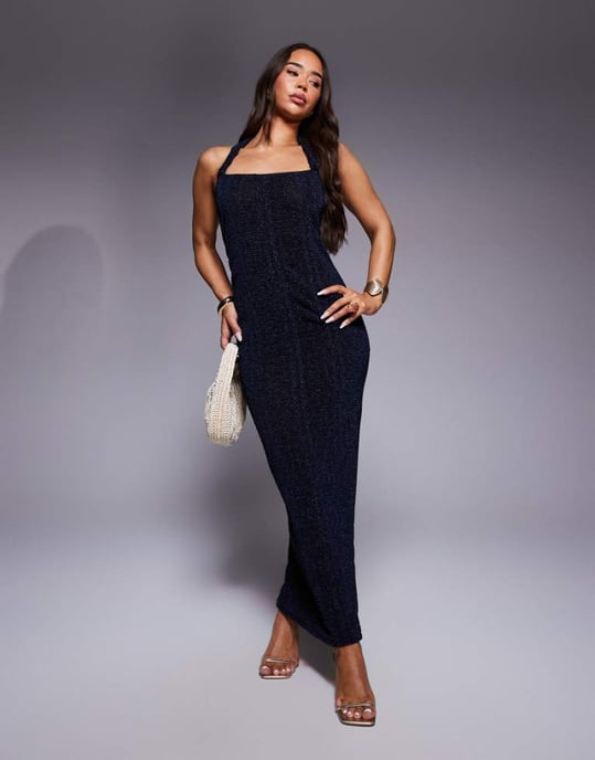 ASOS DESIGN maxi klänning med fyrkantig halsringning och detaljerad rem i metallisk marinblå - Image 1