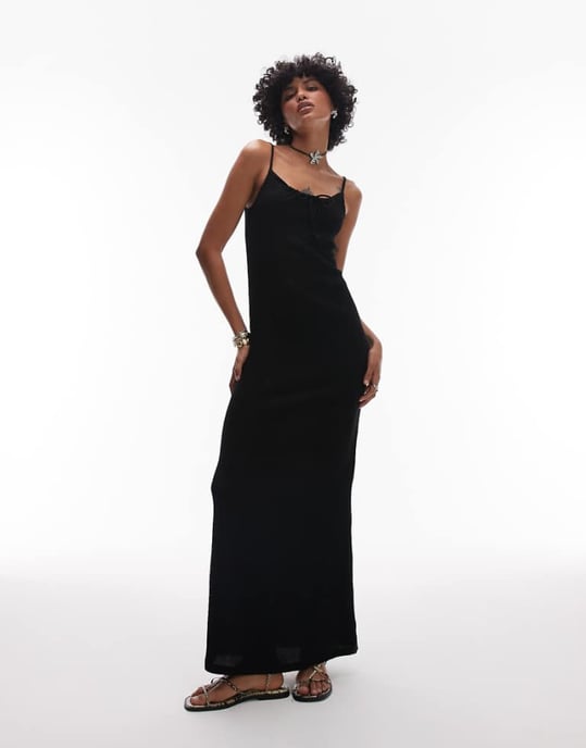 Topshop krinklad knytfront camisole-maxiklänning i svart - Image 1