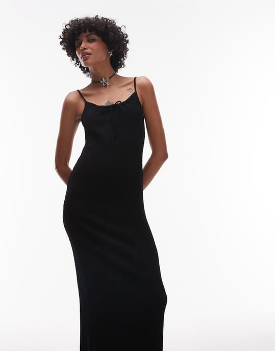 Topshop krinklad knytfront camisole-maxiklänning i svart - Image 3