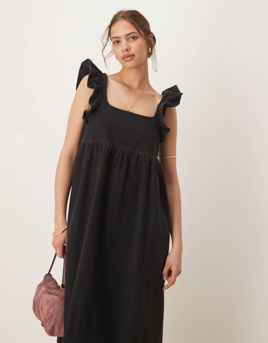 ASOS DESIGN denim smock maxiklänning med rosett baktill i svart - Image 3