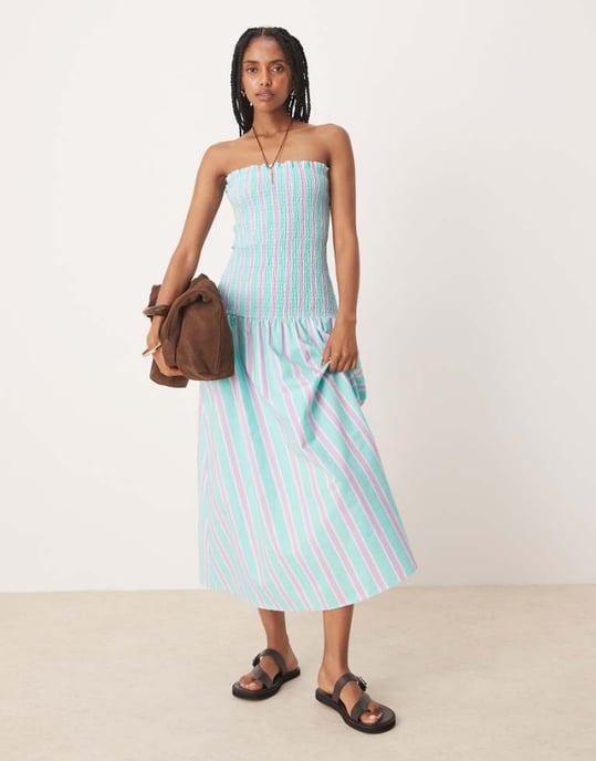ASOS DESIGN rynkad maxiklänning med drop waist i blå-lila randig - Image 1