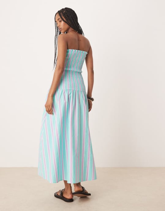 ASOS DESIGN rynkad maxiklänning med drop waist i blå-lila randig - Image 3
