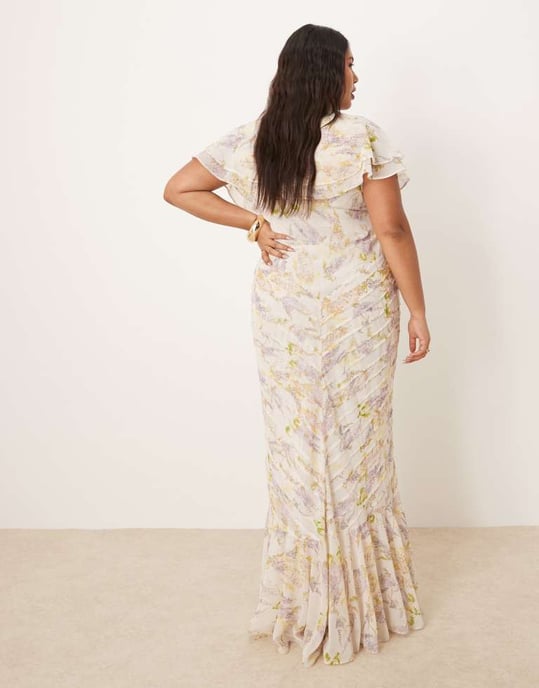 ASOS DESIGN Curve maxiklänning med plissering och kapärm i blommönster i wisteria - Image 4