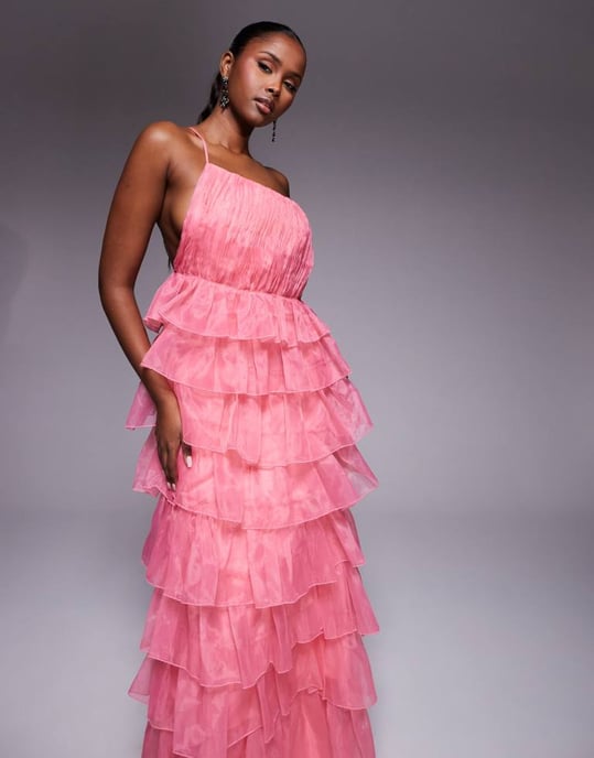ASOS LUXE organza asymmetrisk volang maxi klänning i rosa - Image 3