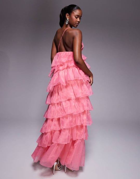 ASOS LUXE organza asymmetrisk volang maxi klänning i rosa - Image 4