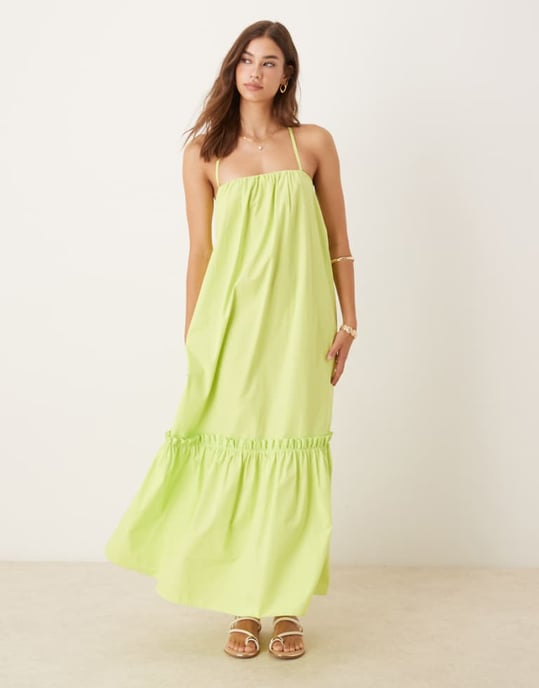 ASOS DESIGN spagettiklänning med knytning bak trapeze poplin maxiklänning i lime - Image 1