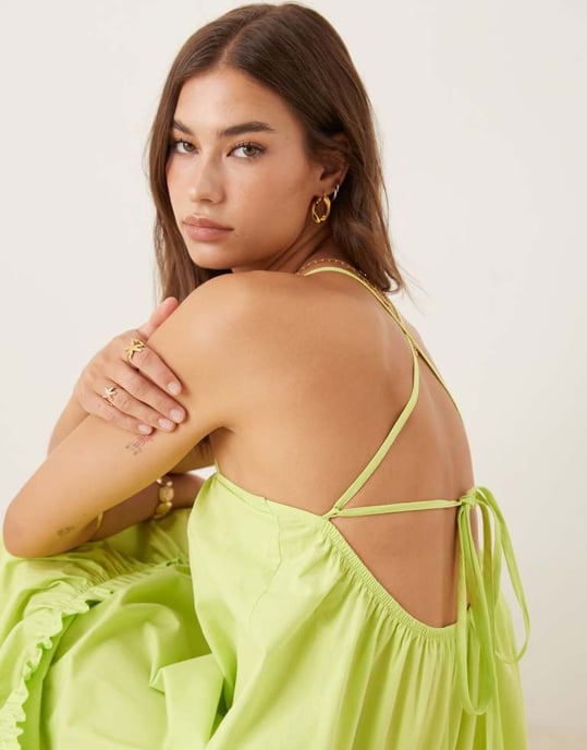 ASOS DESIGN spagettiklänning med knytning bak trapeze poplin maxiklänning i lime - Image 2