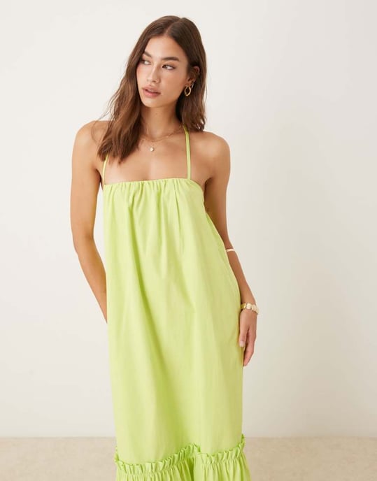 ASOS DESIGN spagettiklänning med knytning bak trapeze poplin maxiklänning i lime - Image 3