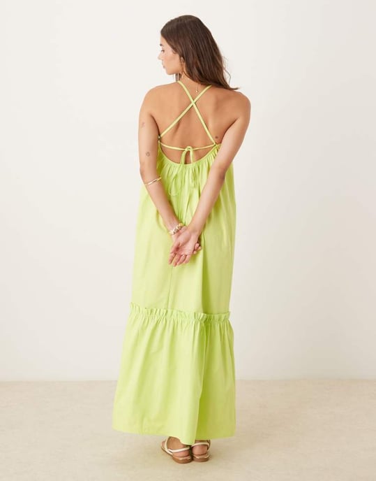 ASOS DESIGN spagettiklänning med knytning bak trapeze poplin maxiklänning i lime - Image 4