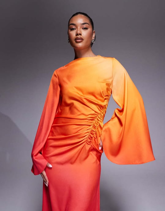 ASOS DESIGN maxiklänning med överdrivna ärmar och rynkad midja i ombre - Image 4