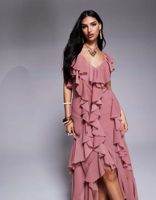 ASOS DESIGN fläktad sned maxi-klänning med öppen rygg i rosarosa - Image 2