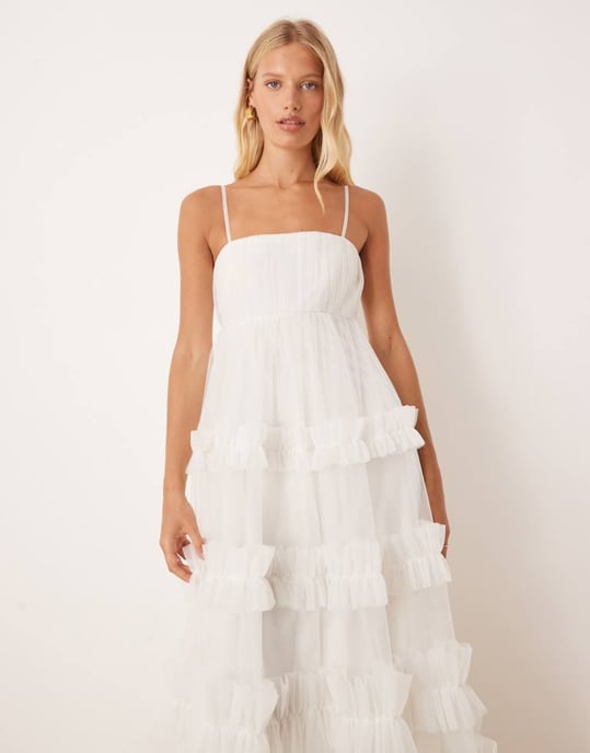 Lace & Beads empire volang maxikjol i elfenben - Image 4