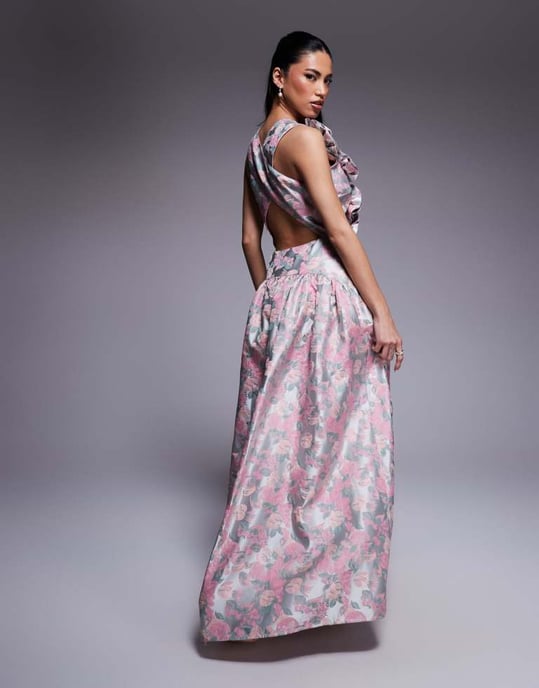 ASOS LUXE jacquard djup urringning drop waist korsett maxiklänning i liten blommönster - Image 2