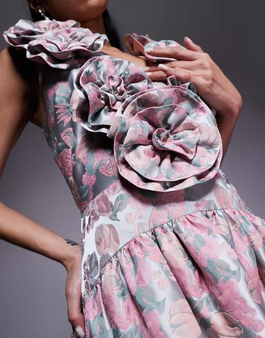 ASOS LUXE jacquard djup urringning drop waist korsett maxiklänning i liten blommönster - Image 3