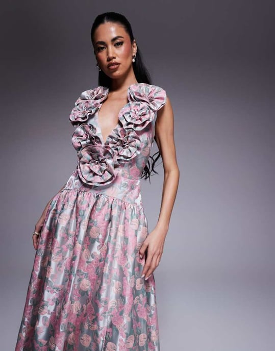 ASOS LUXE jacquard djup urringning drop waist korsett maxiklänning i liten blommönster - Image 4