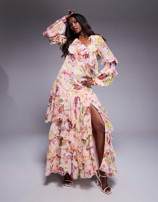 ASOS LUXE organza och chiffong tryckt asymmetrisk maxiklänning i vintage blommönster - Image 1