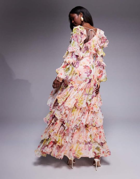 ASOS LUXE organza och chiffong tryckt asymmetrisk maxiklänning i vintage blommönster - Image 3