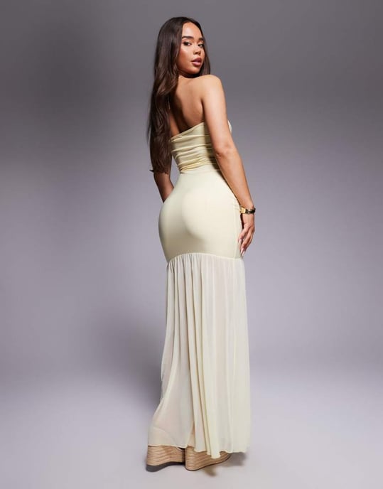 Kaiia exklusiv dubbellagd slinky bandeau drop waist split front genomskinlig fåll maxiklänning i smörgul - Image 3
