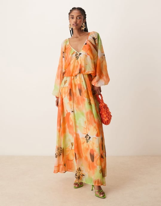 ASOS DESIGN långärmad puff blus maxiklänning i kraftigt orange blommönster - Image 1