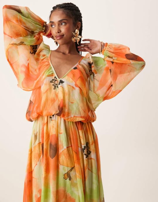 ASOS DESIGN långärmad puff blus maxiklänning i kraftigt orange blommönster - Image 2