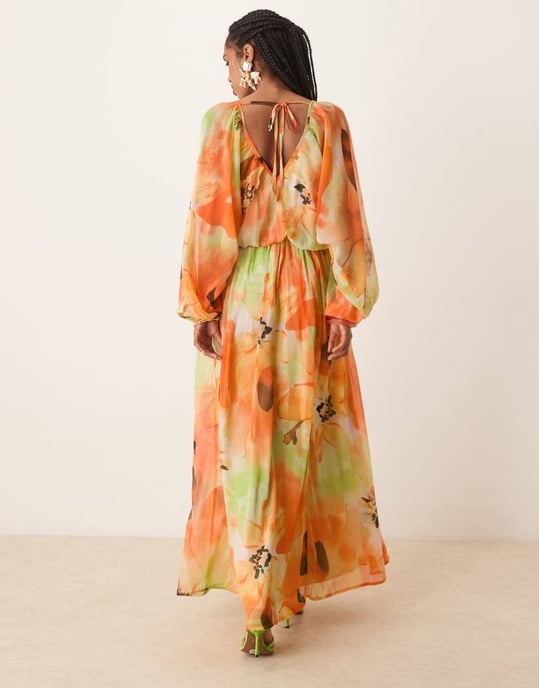 ASOS DESIGN långärmad puff blus maxiklänning i kraftigt orange blommönster - Image 3