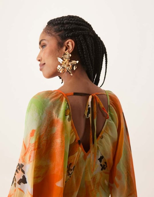 ASOS DESIGN långärmad puff blus maxiklänning i kraftigt orange blommönster - Image 4