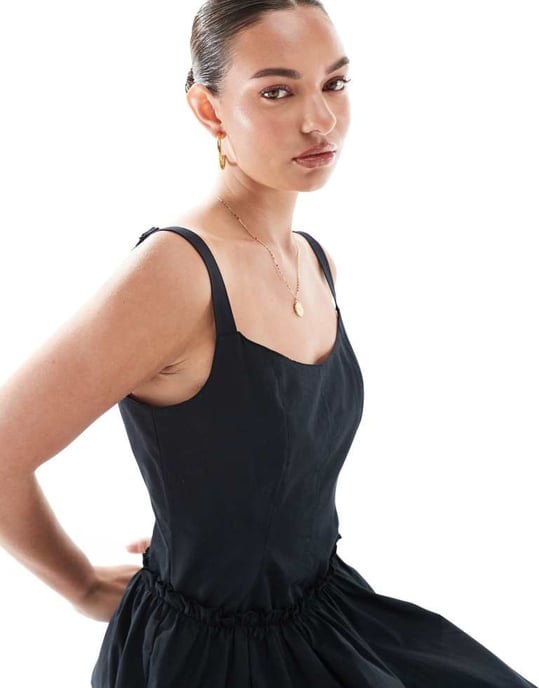 ASOS DESIGN poplin drop waist korsett maxiklänning i svart - Image 3