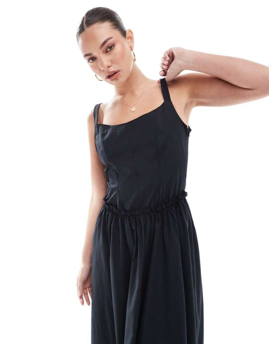 ASOS DESIGN poplin drop waist korsett maxiklänning i svart - Image 4
