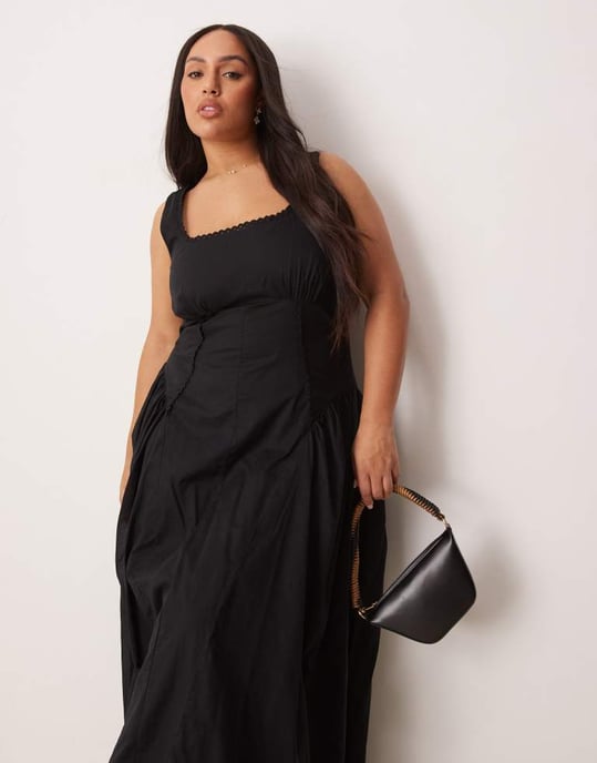 ASOS DESIGN Curve prärie fyrkantig halsringning maxiklänning med låg midja i svart - Image 2