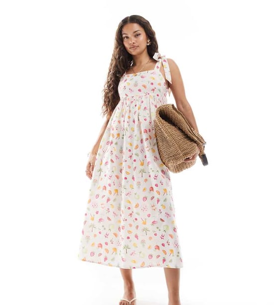 Miss Selfridge Petite knytaxel maxiklänning med fruktmönster - Image 1