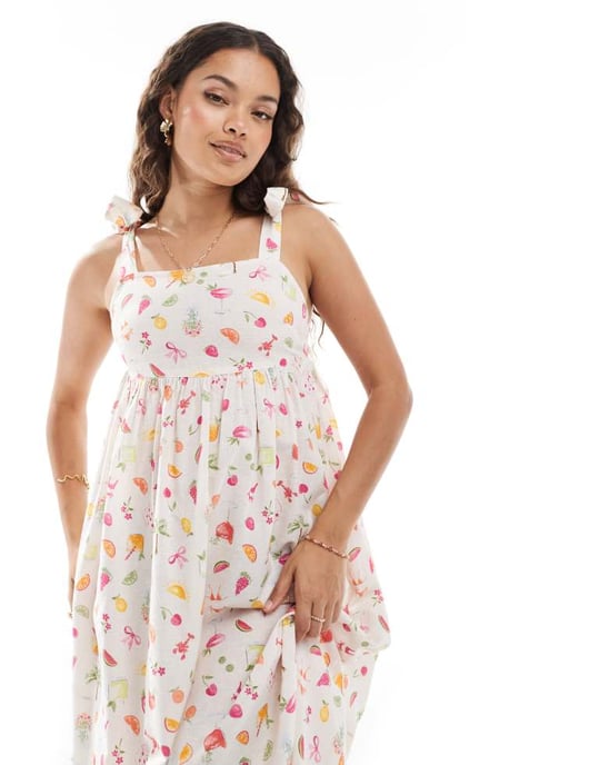 Miss Selfridge Petite knytaxel maxiklänning med fruktmönster - Image 3