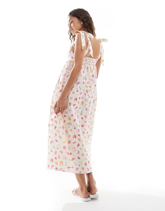 Miss Selfridge Petite knytaxel maxiklänning med fruktmönster - Image 4