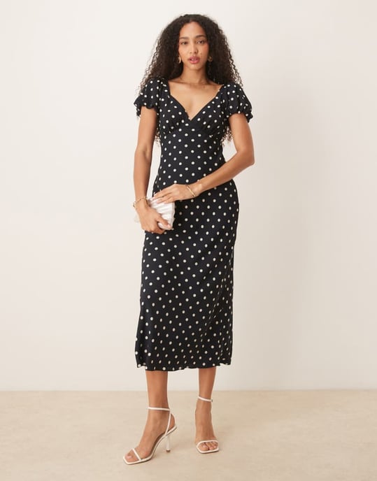 Abercrombie & Fitch puffärmad knytbak slip maxi klänning i svart prickig - Image 2