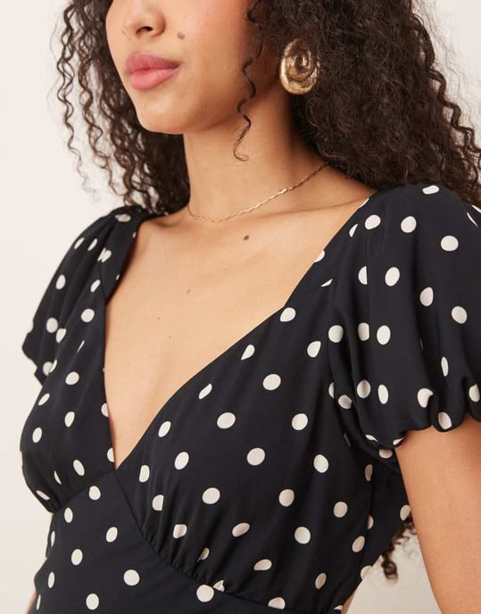 Abercrombie & Fitch puffärmad knytbak slip maxi klänning i svart prickig - Image 3