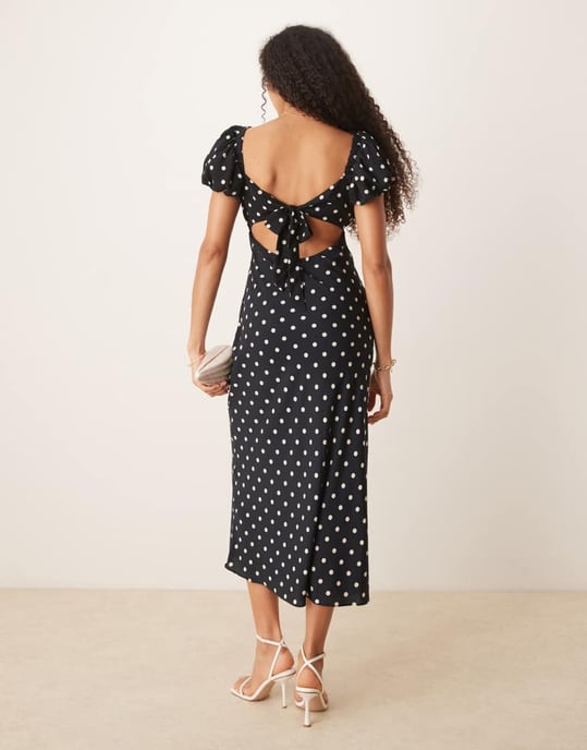 Abercrombie & Fitch puffärmad knytbak slip maxi klänning i svart prickig - Image 4