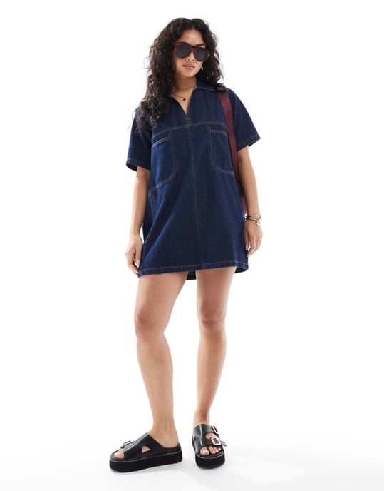 ASOS DESIGN denim polo mini klänning med kontrasterande sömmar i tvättad look - Image 1