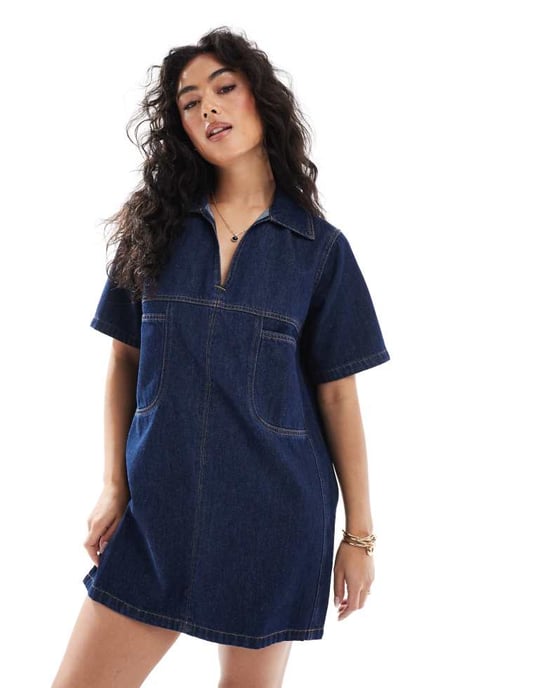 ASOS DESIGN denim polo mini klänning med kontrasterande sömmar i tvättad look - Image 3